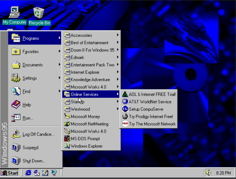 Windows 95 start menu showing free AOL